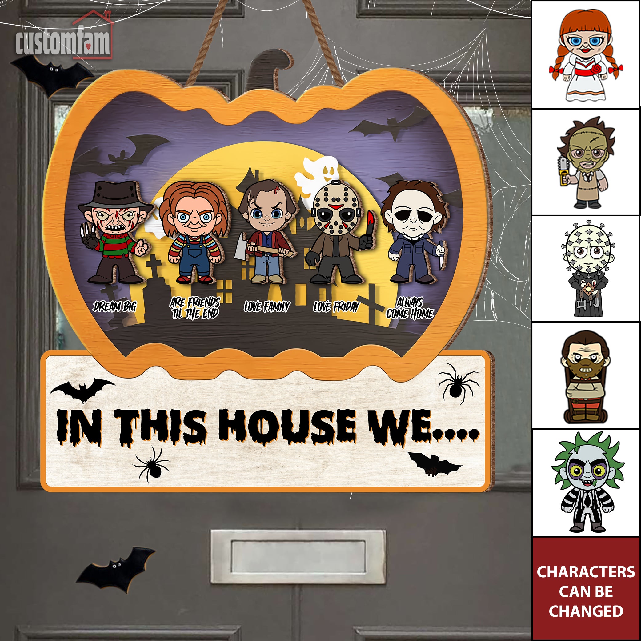 In This House We Custom 2 Layered Halloween Pumpkin Horror Wood Door Sign, Horror Fan Gifts