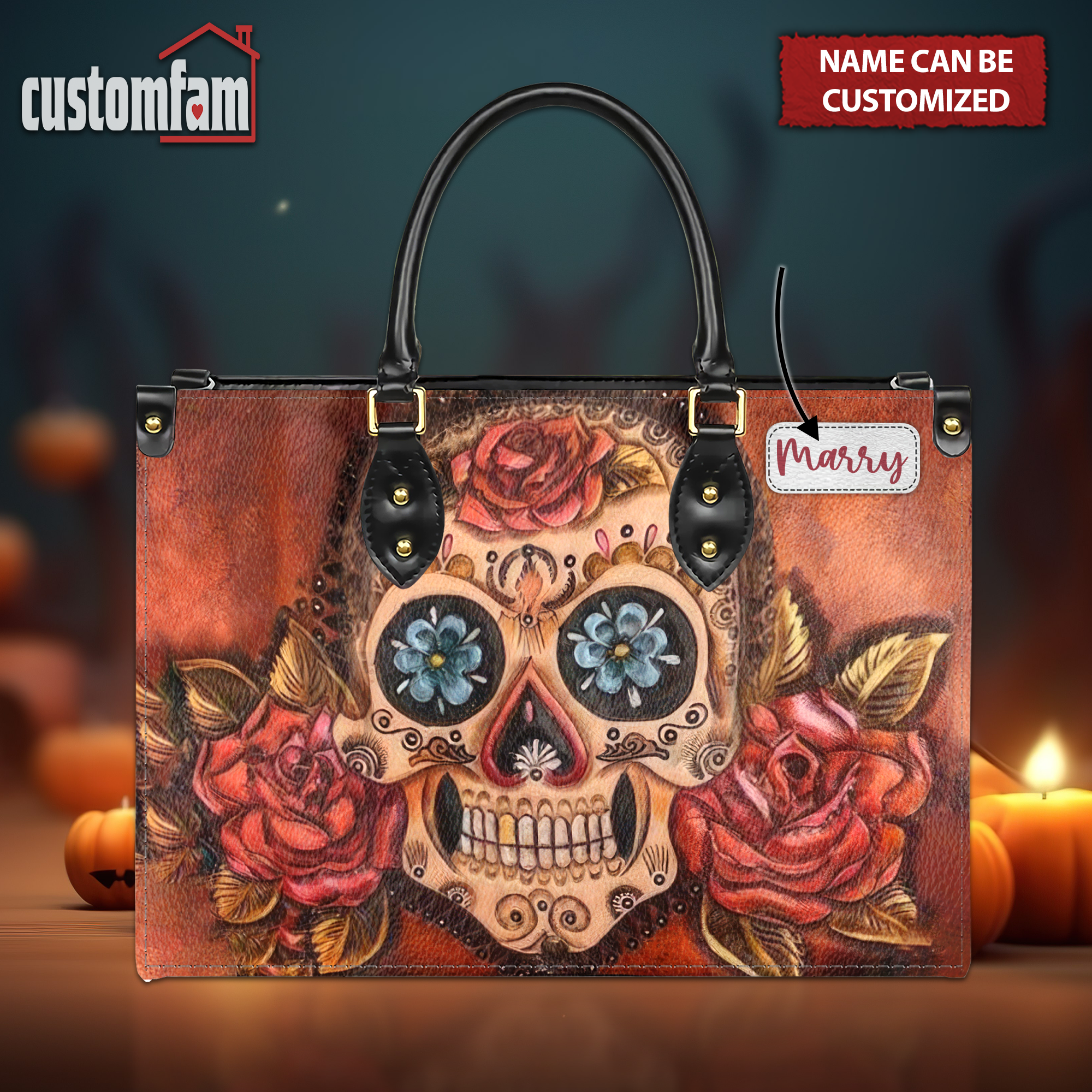 Personalized Flower Skull Personalized Leather Handbag, Skull Purse, Gothic Gifts