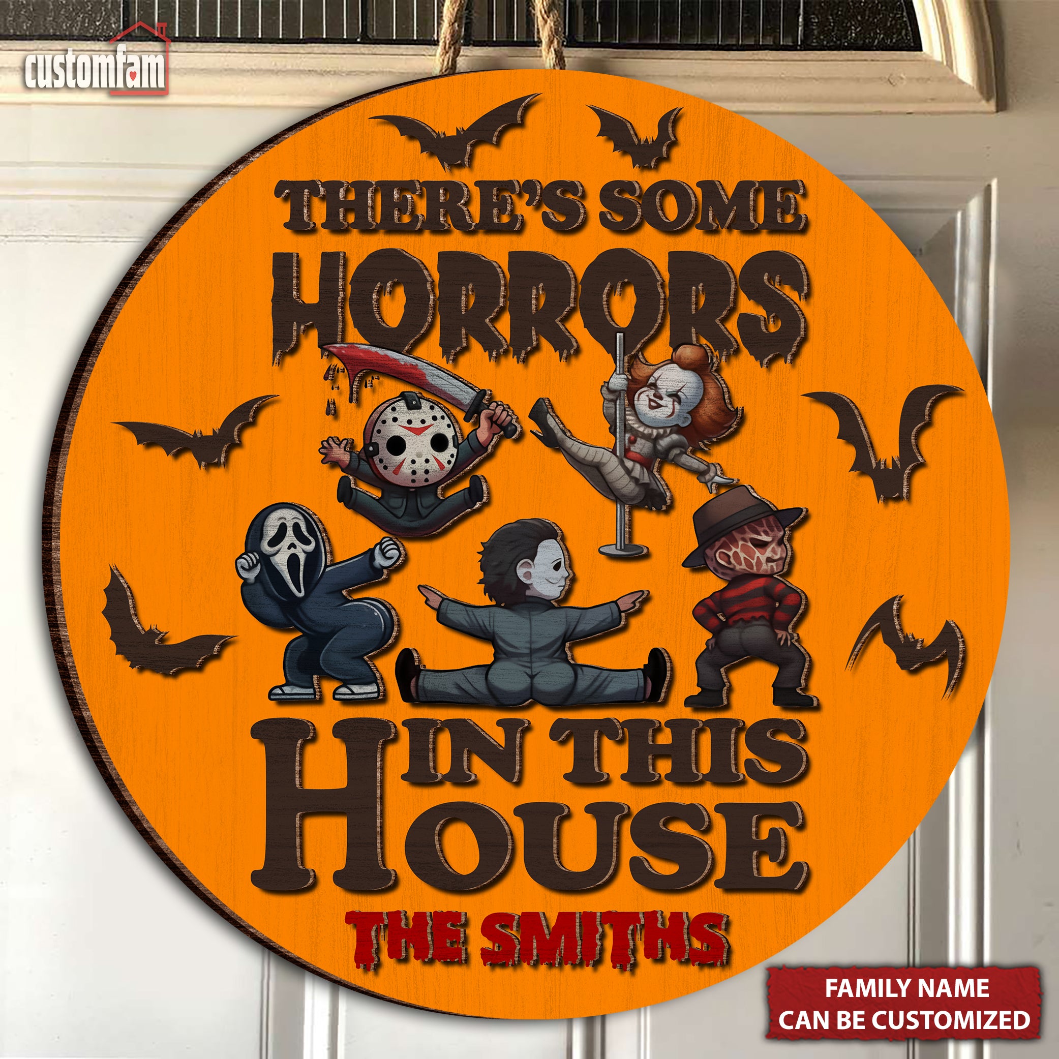 There's Some Horrors In This House Personalized 2 Layered Round Wooden Welcome Signs, Halloween Decor