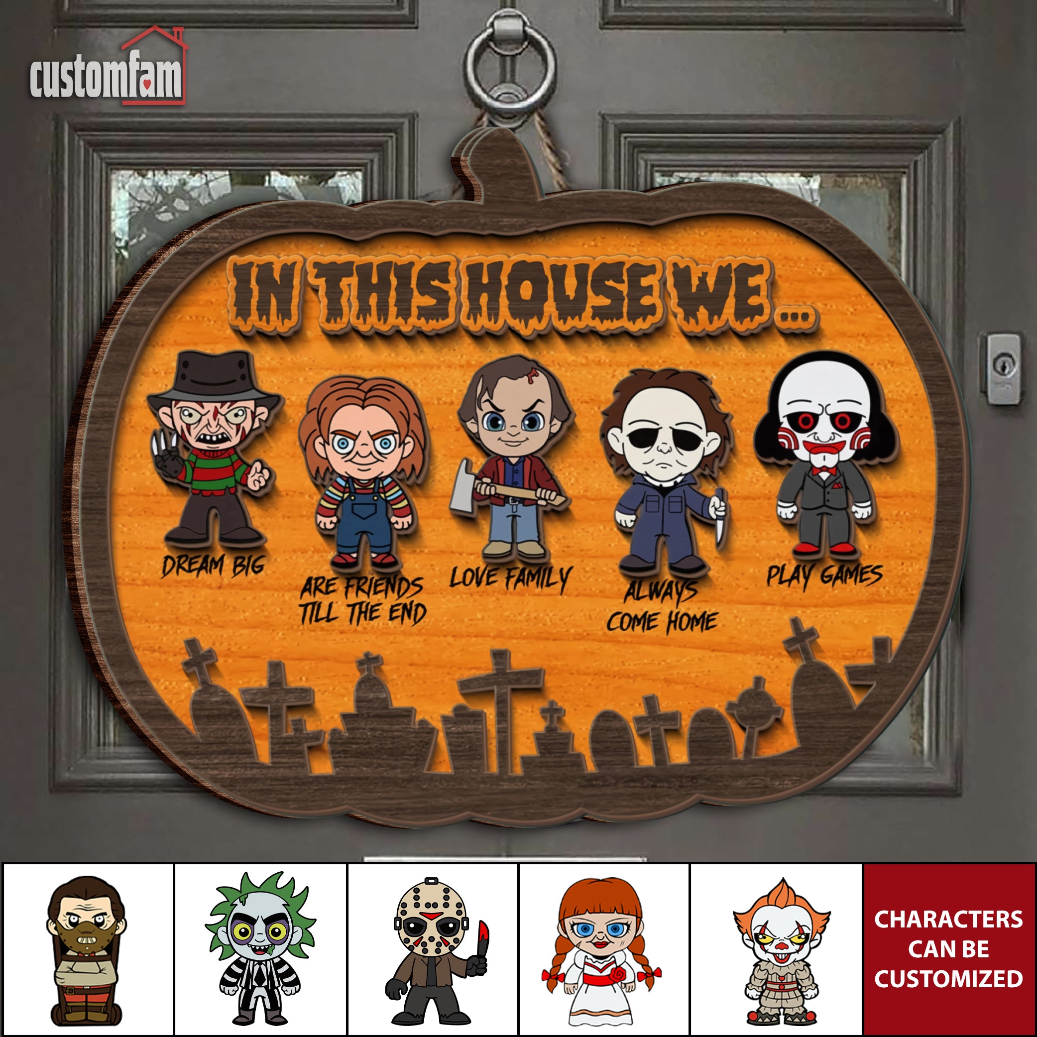 In This House We Personalized 2 Layered Halloween Pumpkin Wooden Sign, Horror Movie Sign