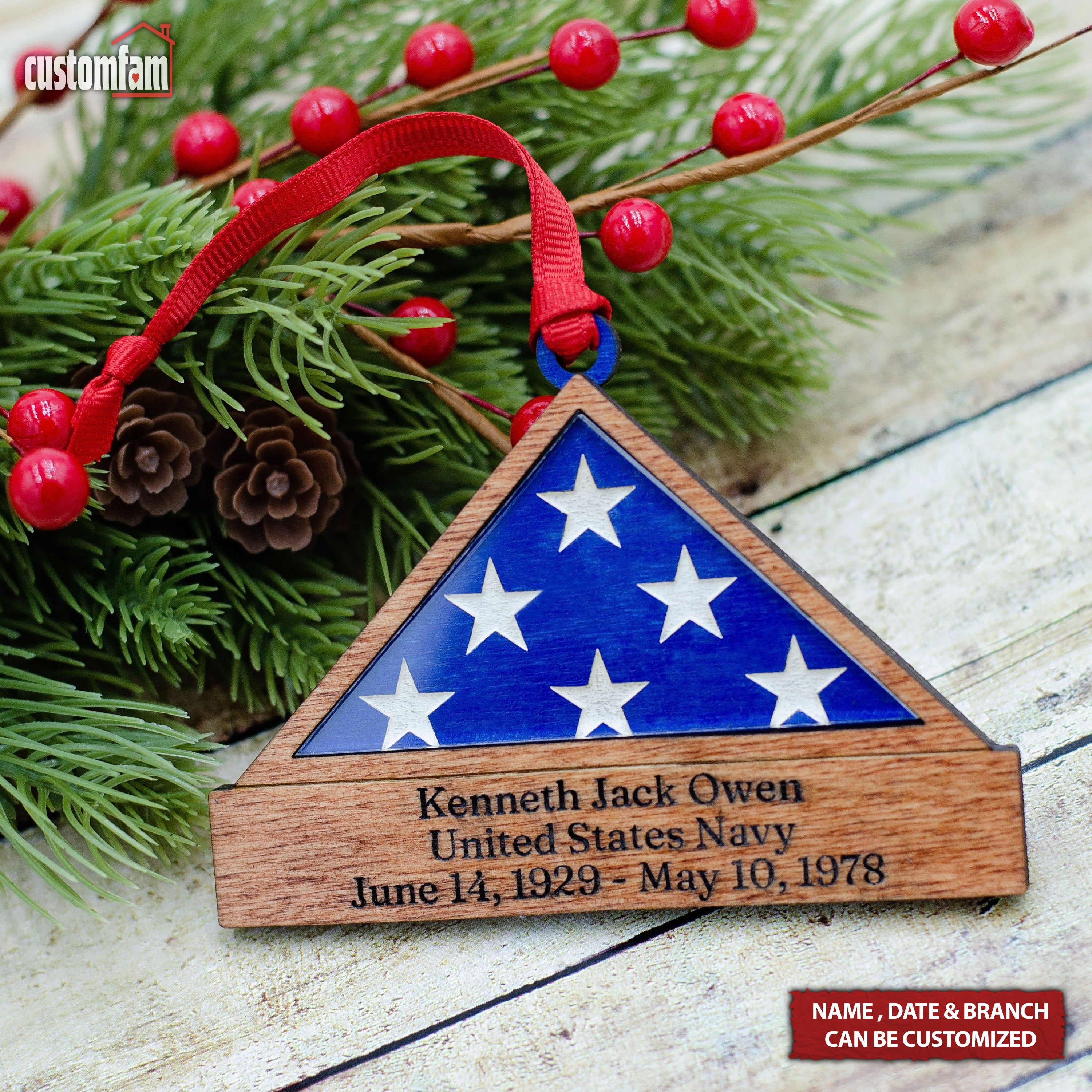 Personalized Military Flag Veteran Memorial Christmas Ornament, Sympathy Flag Case Keepsake