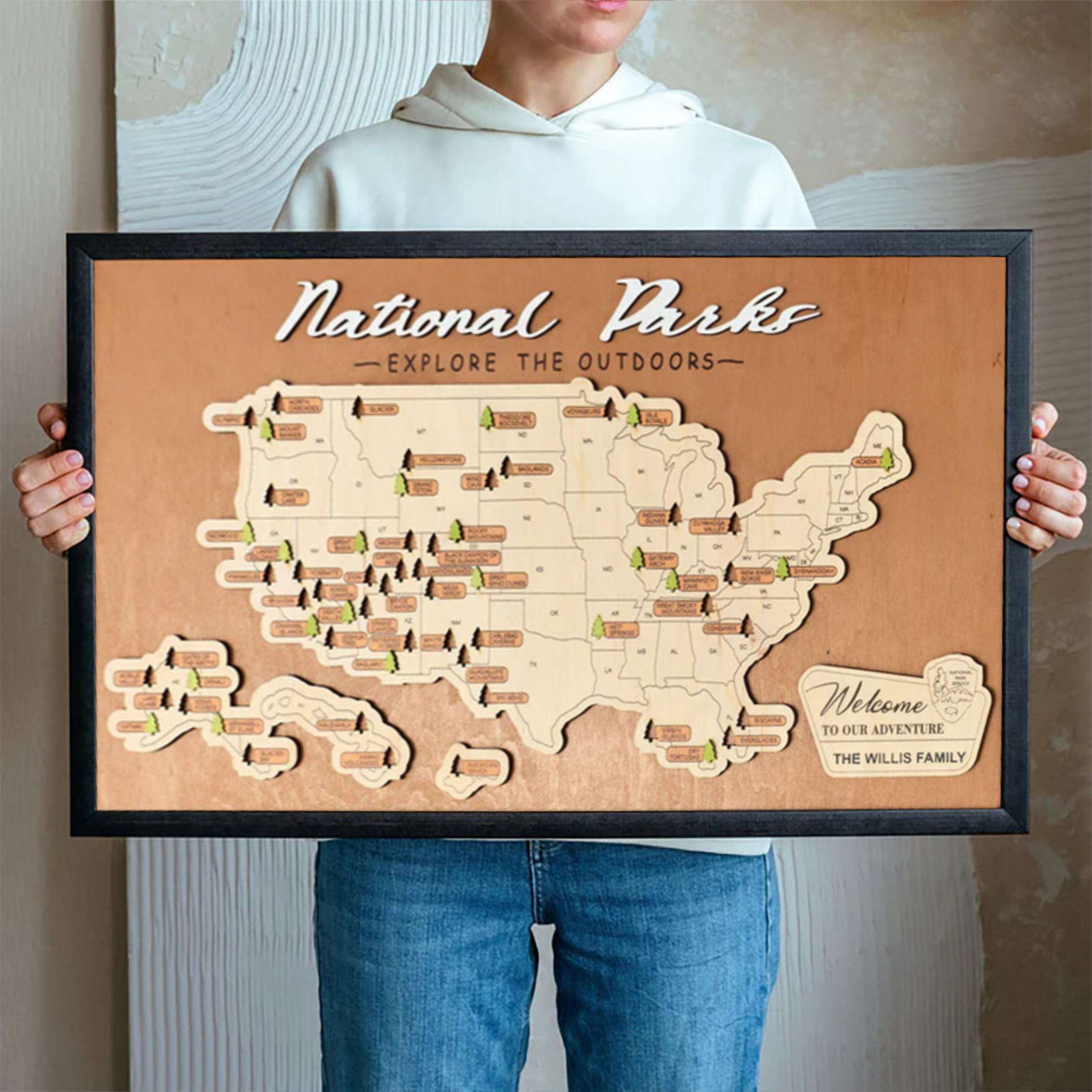 Personalized US Wooden National Parks Travel Map With Trees Record, Wooden Travel Map