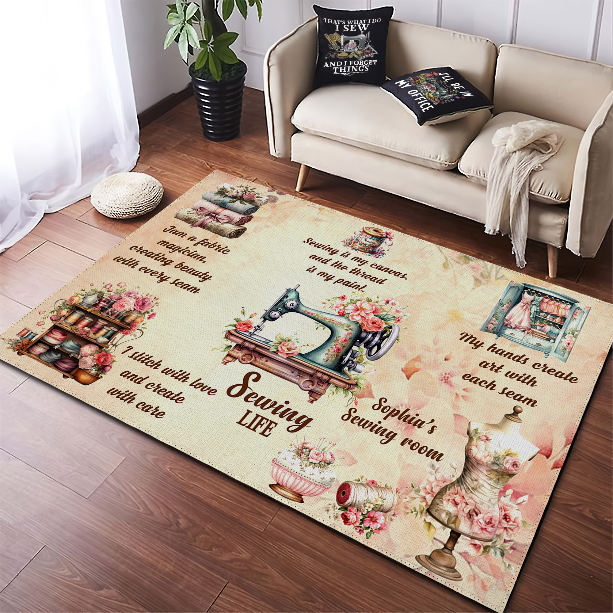 Sewing Life Personalized Area Rug Carpet, Sewing Machine Rug, Craft Room Decor