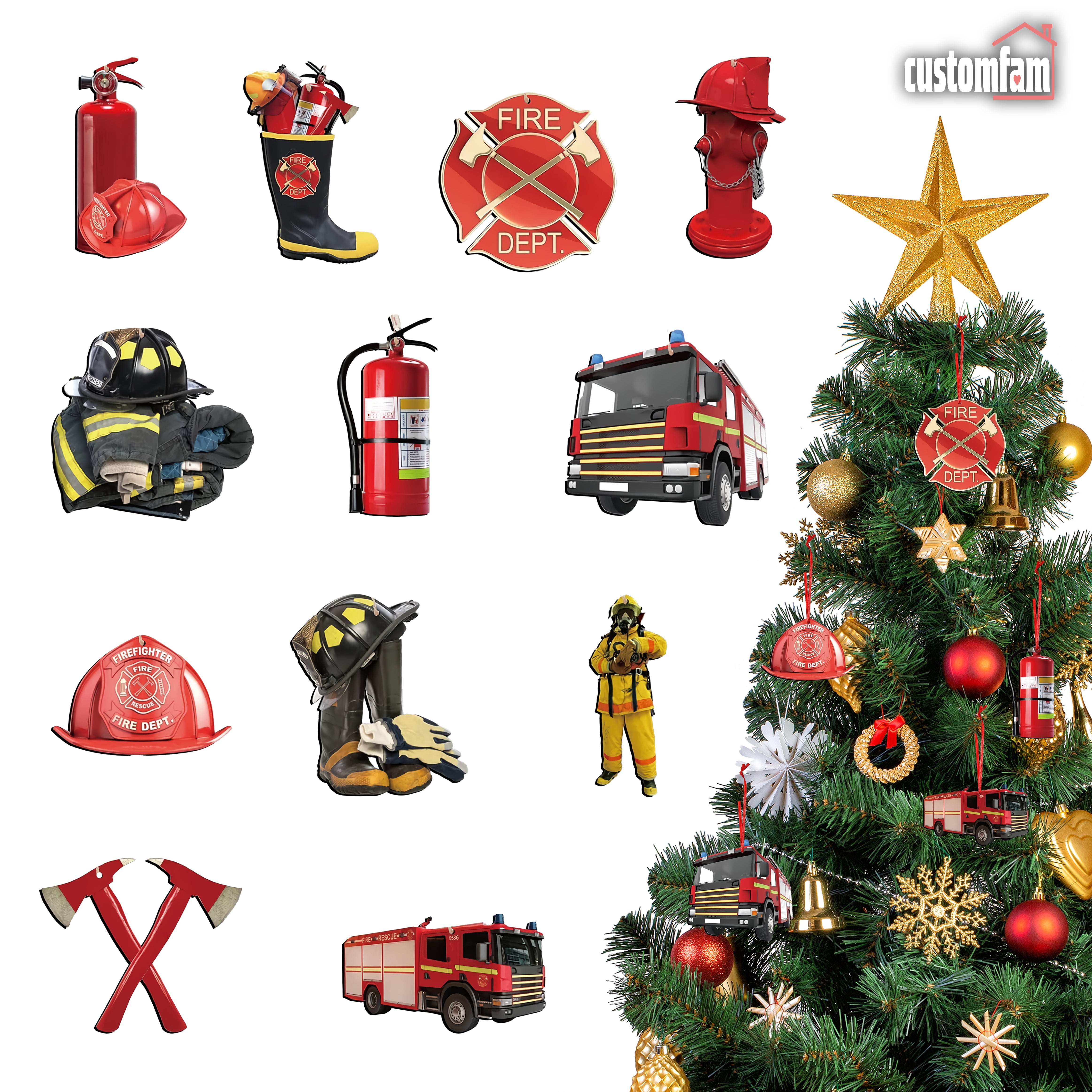 12 Pcs Christmas Firefighter Ornaments, Firefighter Gift, Christmas Tree Decor