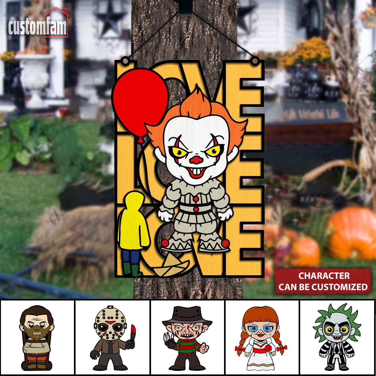 Custom Love Horror Movie 2 Layered Door Hanger Sign, Happy Halloween Decoration