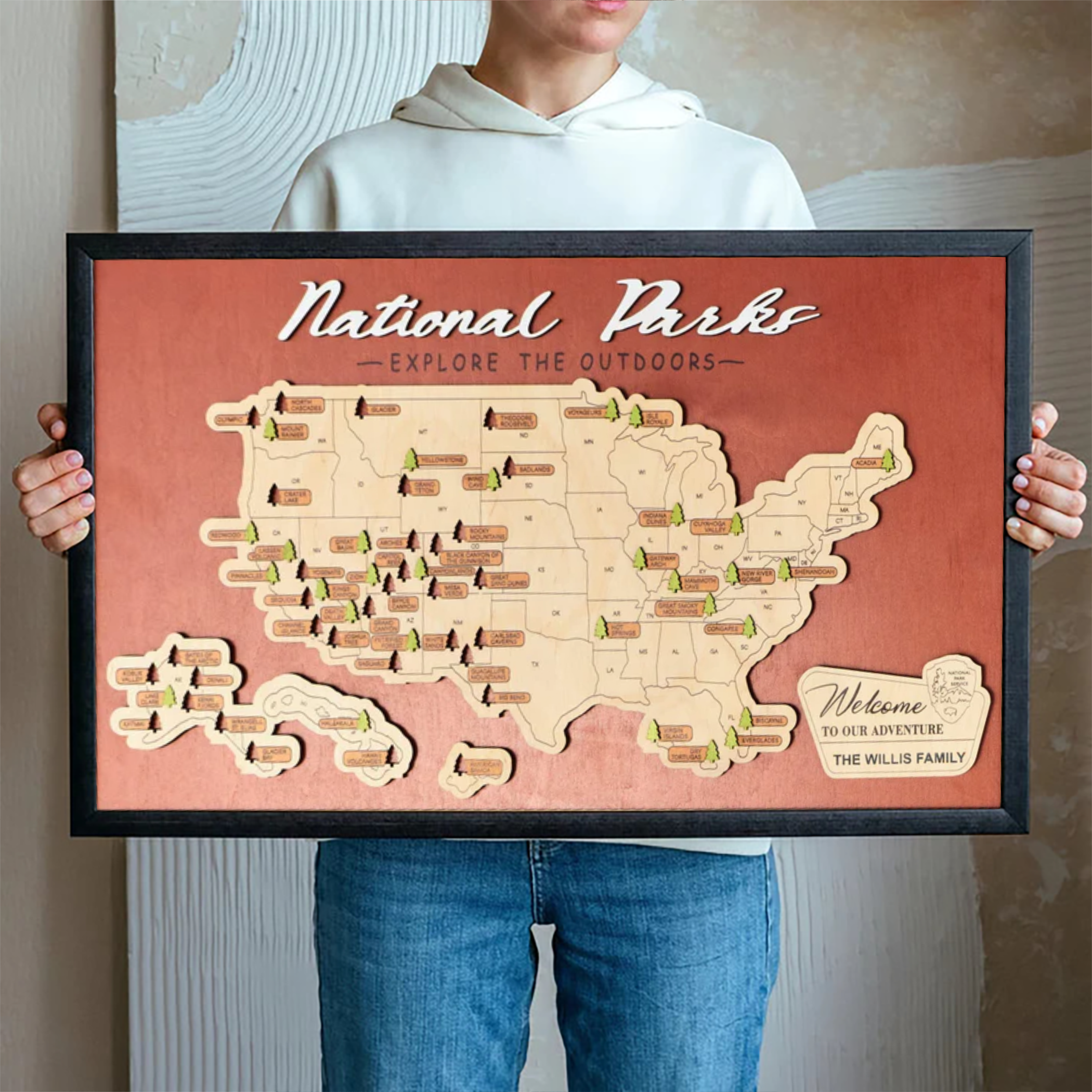 Personalized US Wooden National Parks Travel Map With Trees Record, Wooden Travel Map