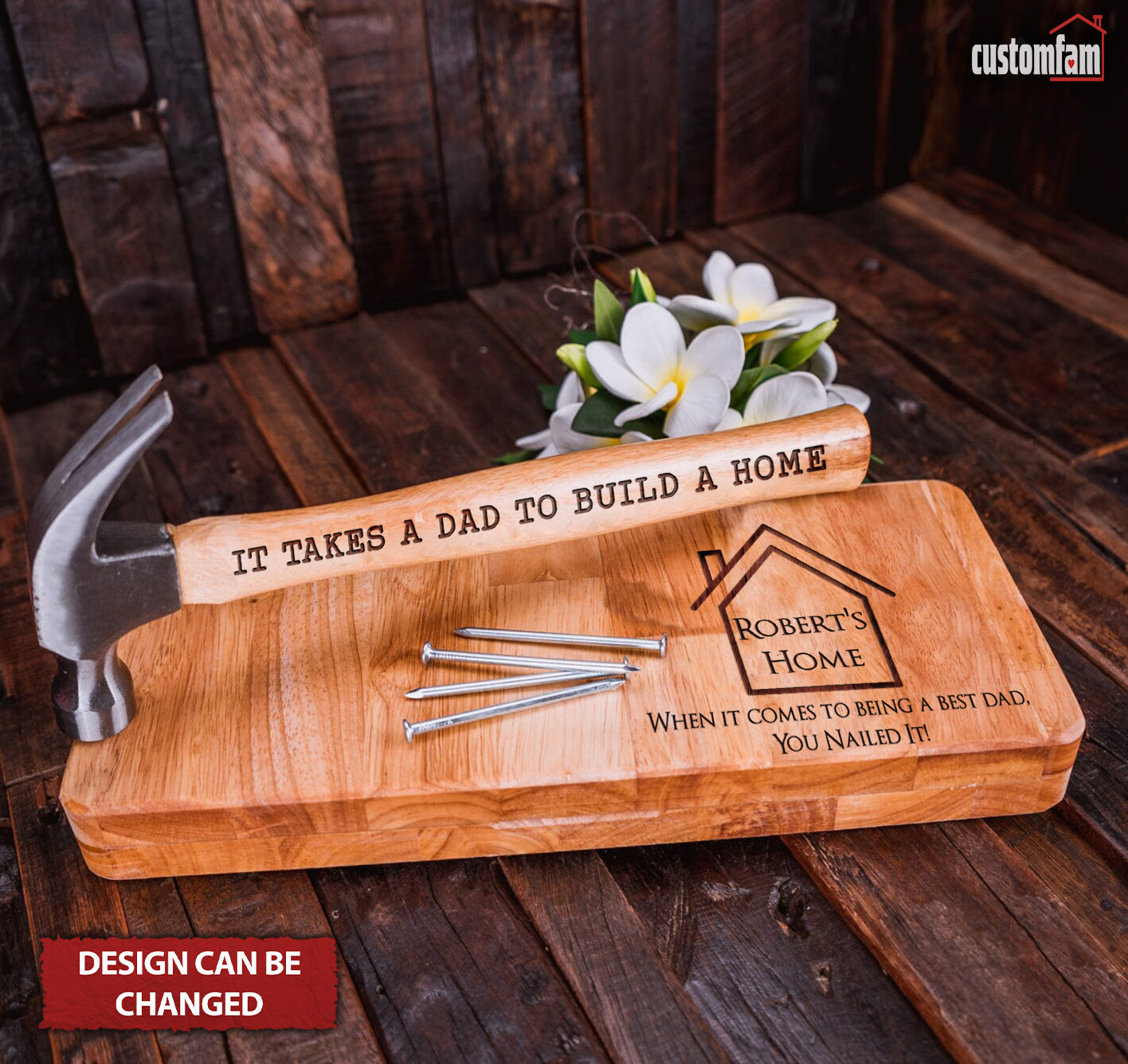 It Takes A Dad To Build A Home Personalised Hammer Gift Set with Wooden Box and Nails, Gifts For Dad