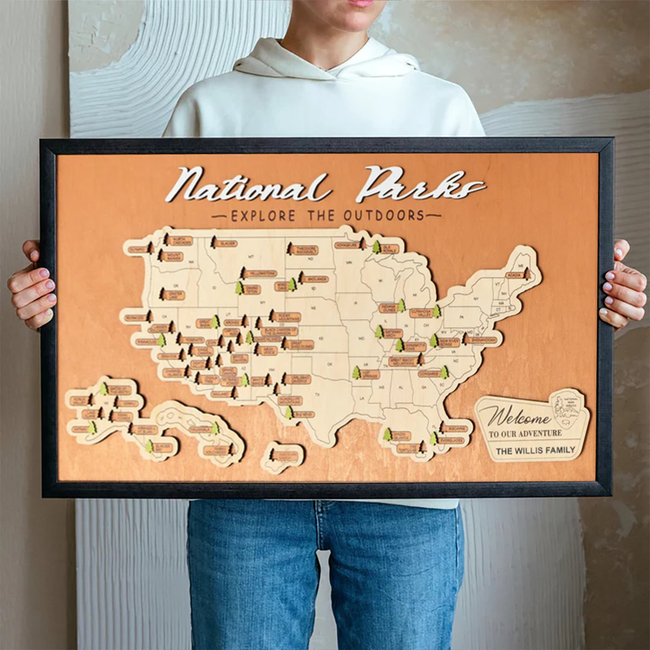 Custom National Park Map In Usa, Wooden Travel Map, National Park Tracker