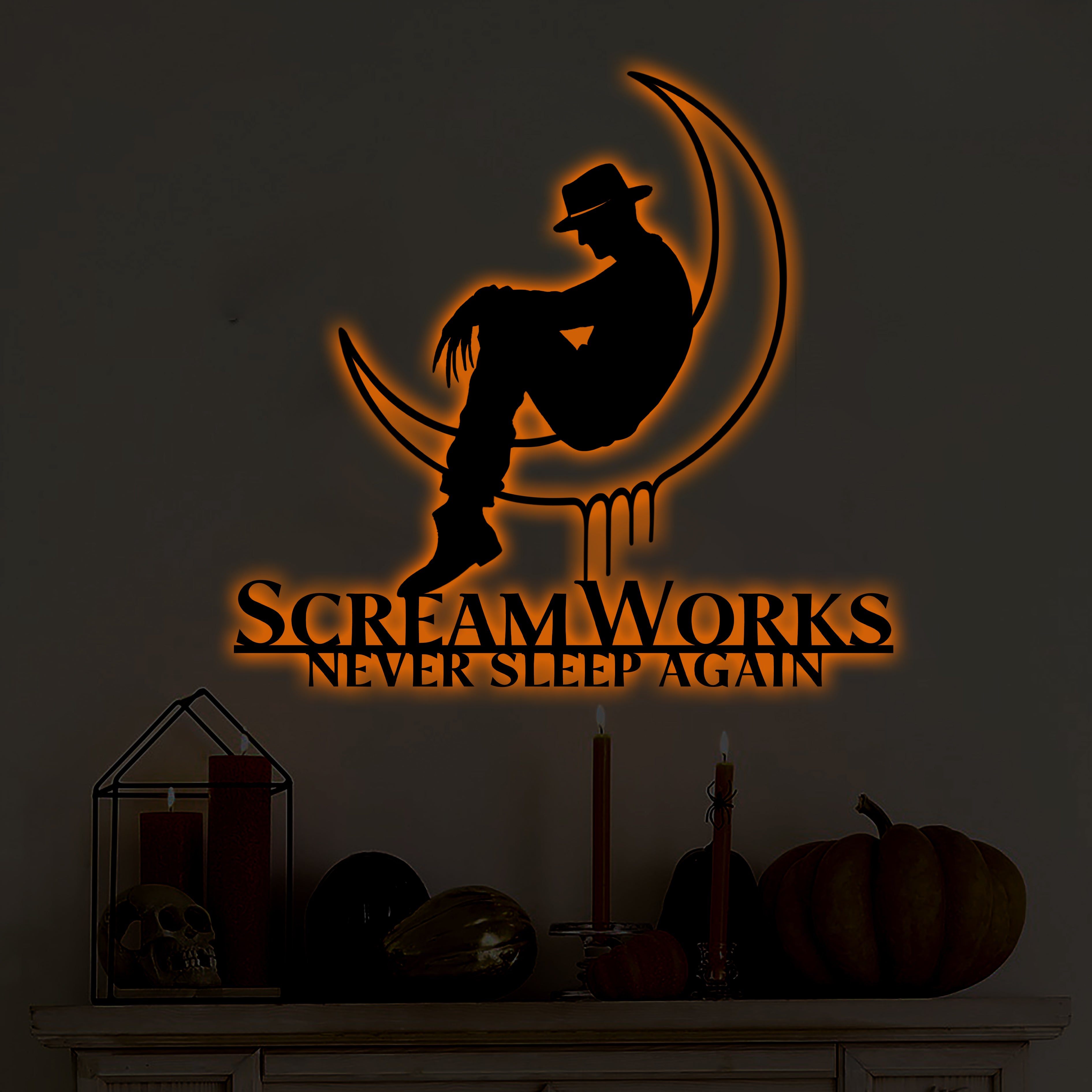 Scream Works Never Sleep Again Halloween Metal Sign, Horror Movie Gift, Halloween Decor