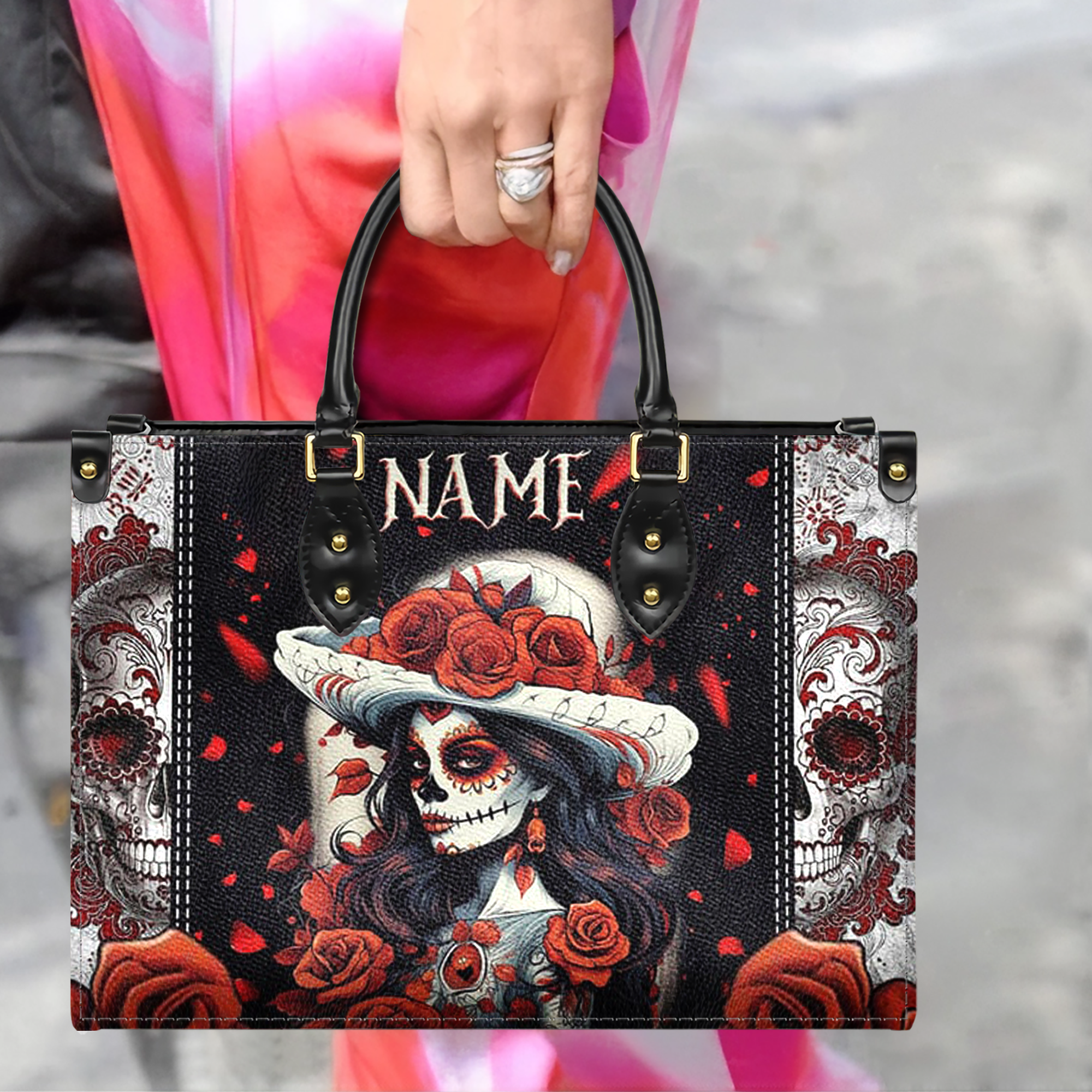 Sugar Skull Personalized Leather Handbag, Gifts For Punk Lovers, Gothic Gifts