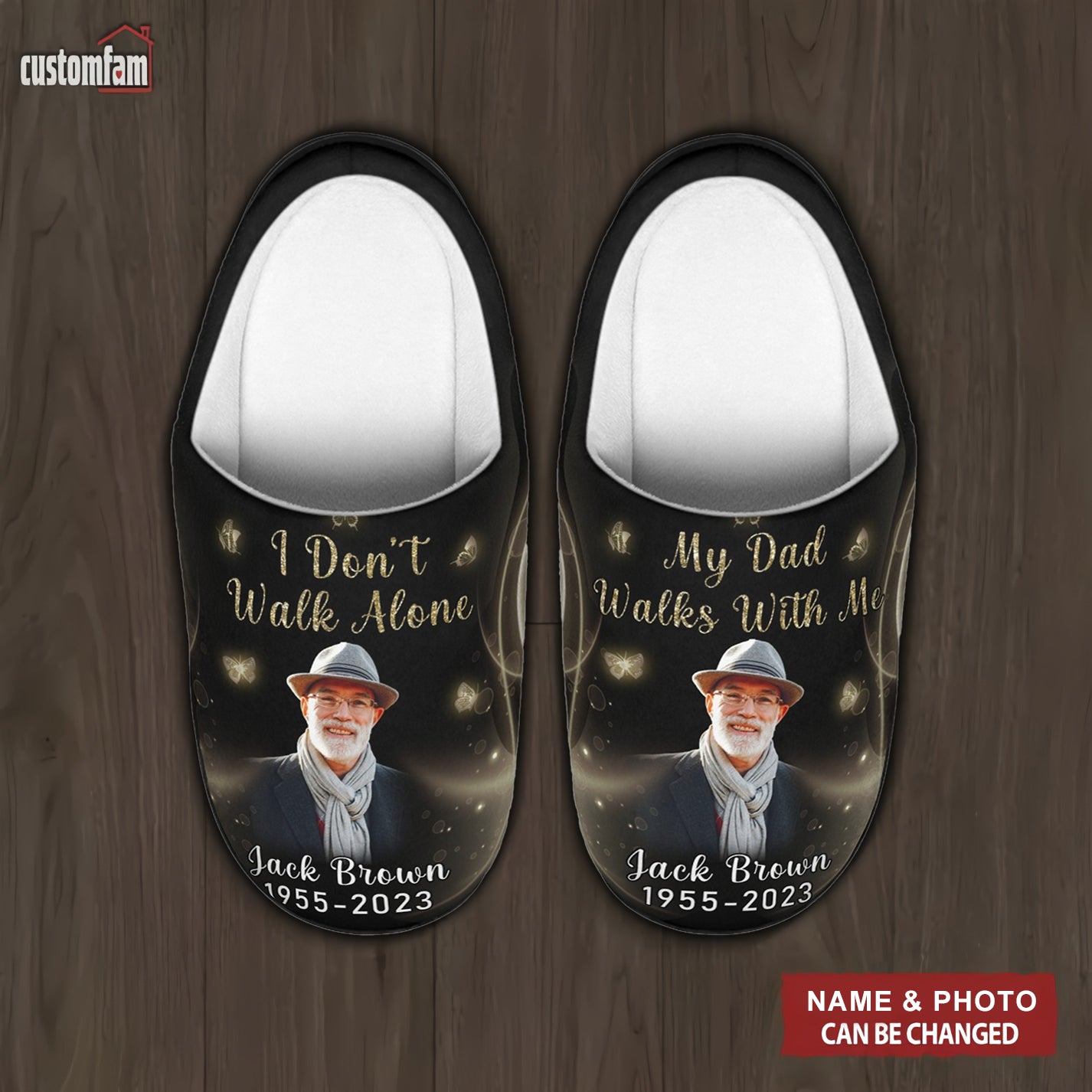 I Don't Walk Alone My Dad Walks With Me Personalized Fluffy Slippers, Memorial Gift