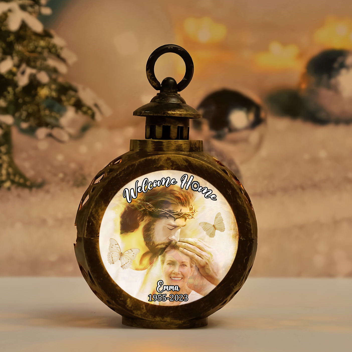 Welcome Home Custom Photo Memorial Christmas Lantern Ornament, Sympathy Gift