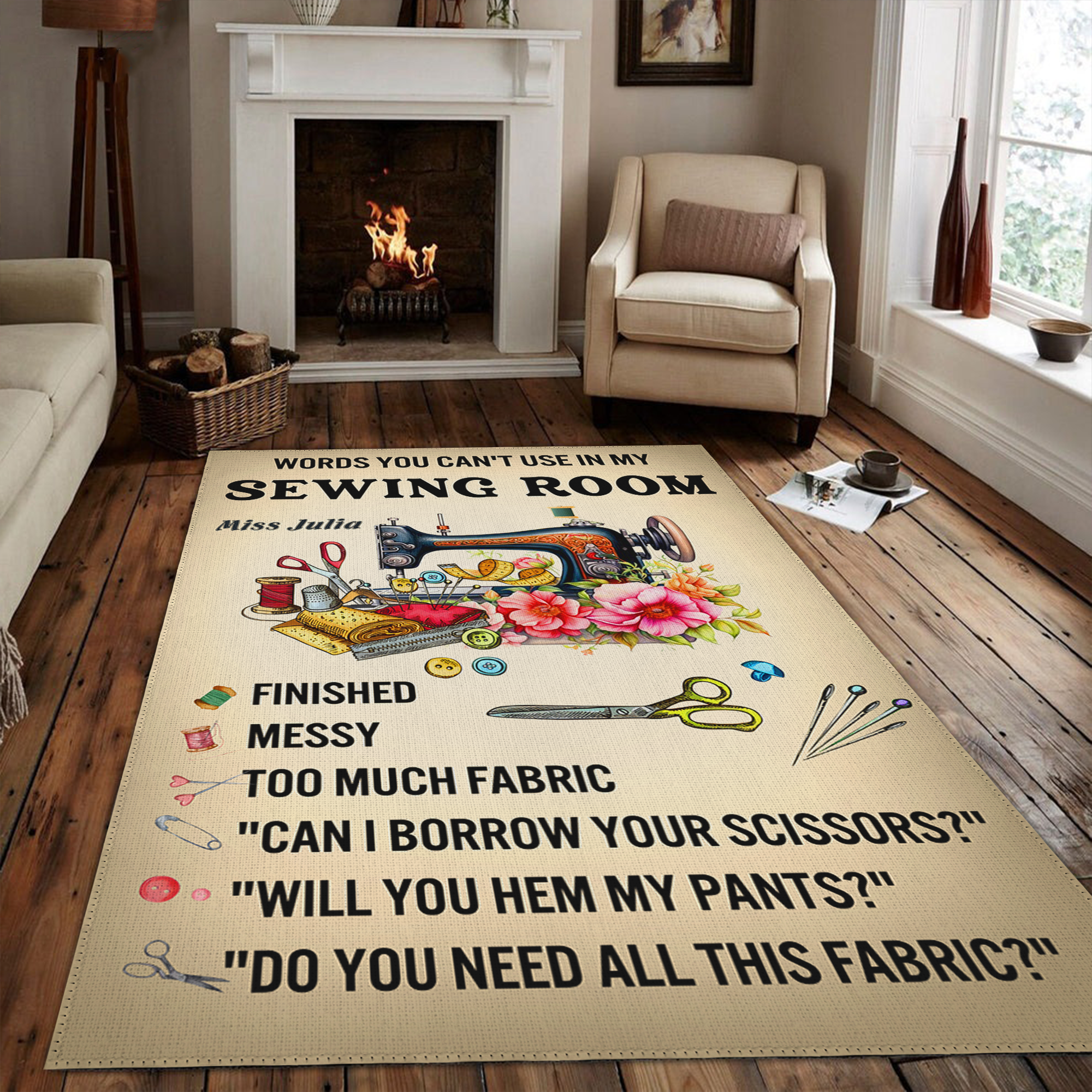 Words You Can't Use In My Sewing Room Vintage Area Rug Carpet, Sewing Machine Rug, Craft Room Decor