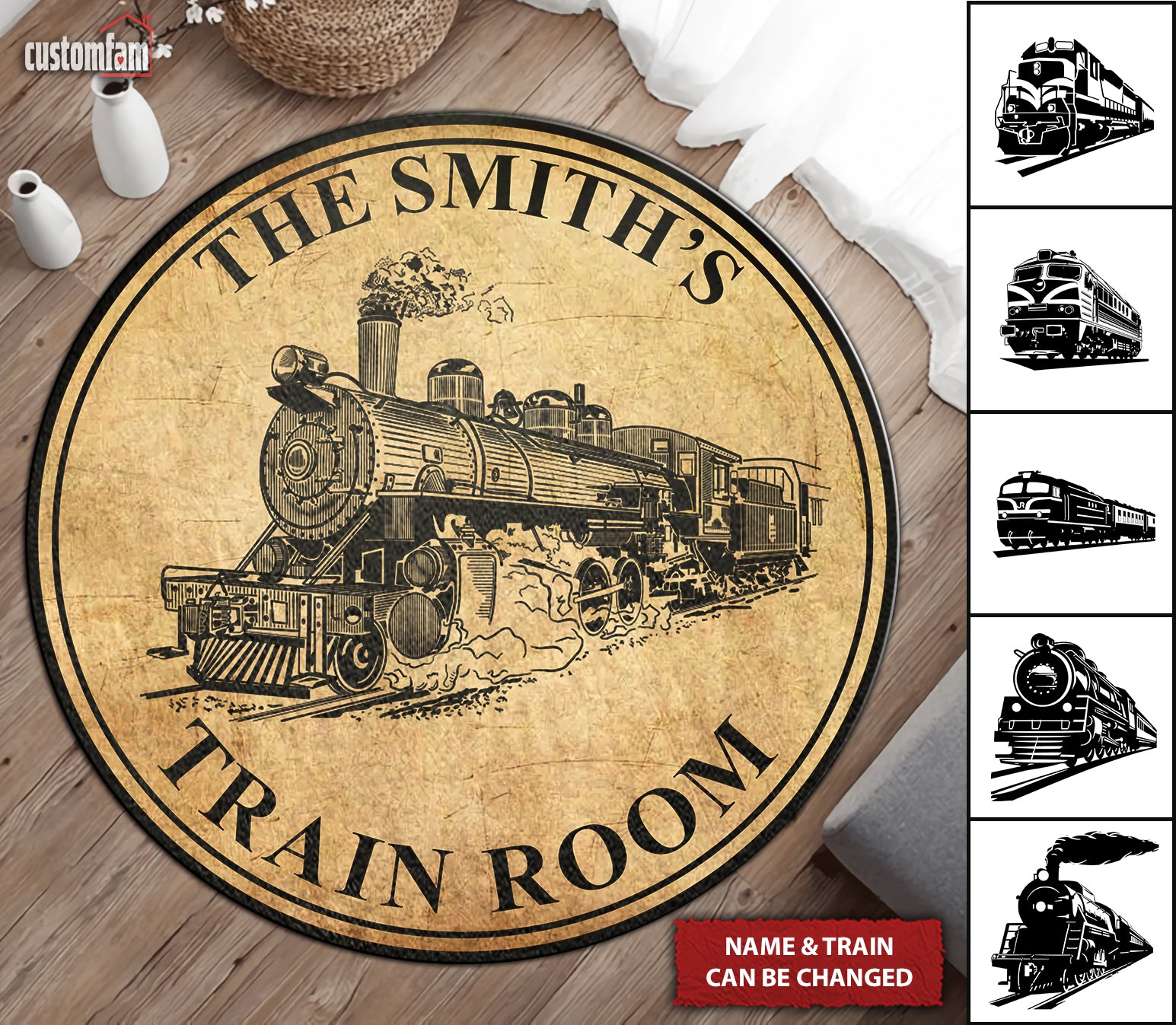 Personalized Train Room Round Rug, Family Round Mat, Living Room Decor