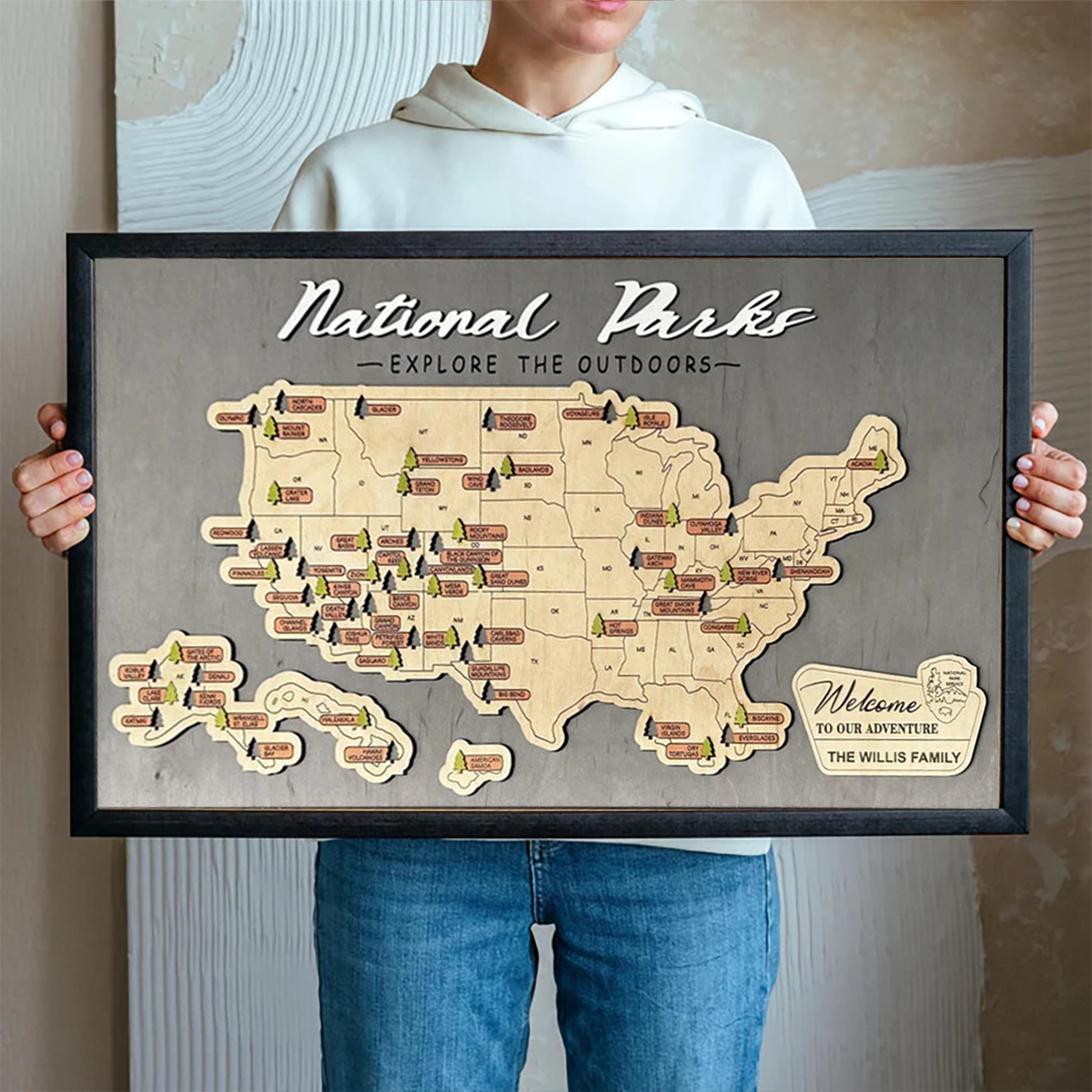 Personalized US Wooden National Parks Travel Map With Trees Record, Wooden Travel Map