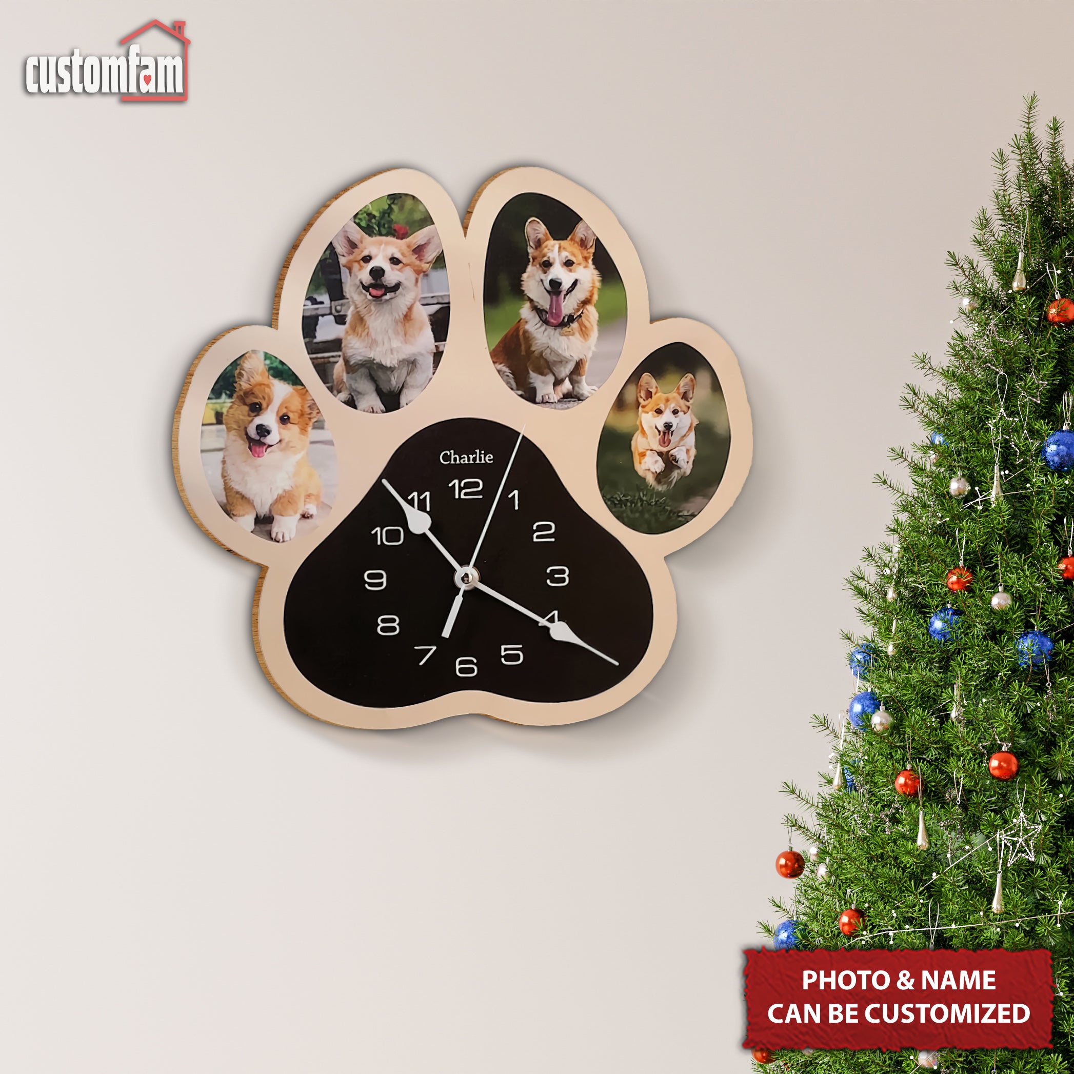 Personalized Pet Paw Print Photo Clock, Gift For Dog Lovers, Christmas Decor