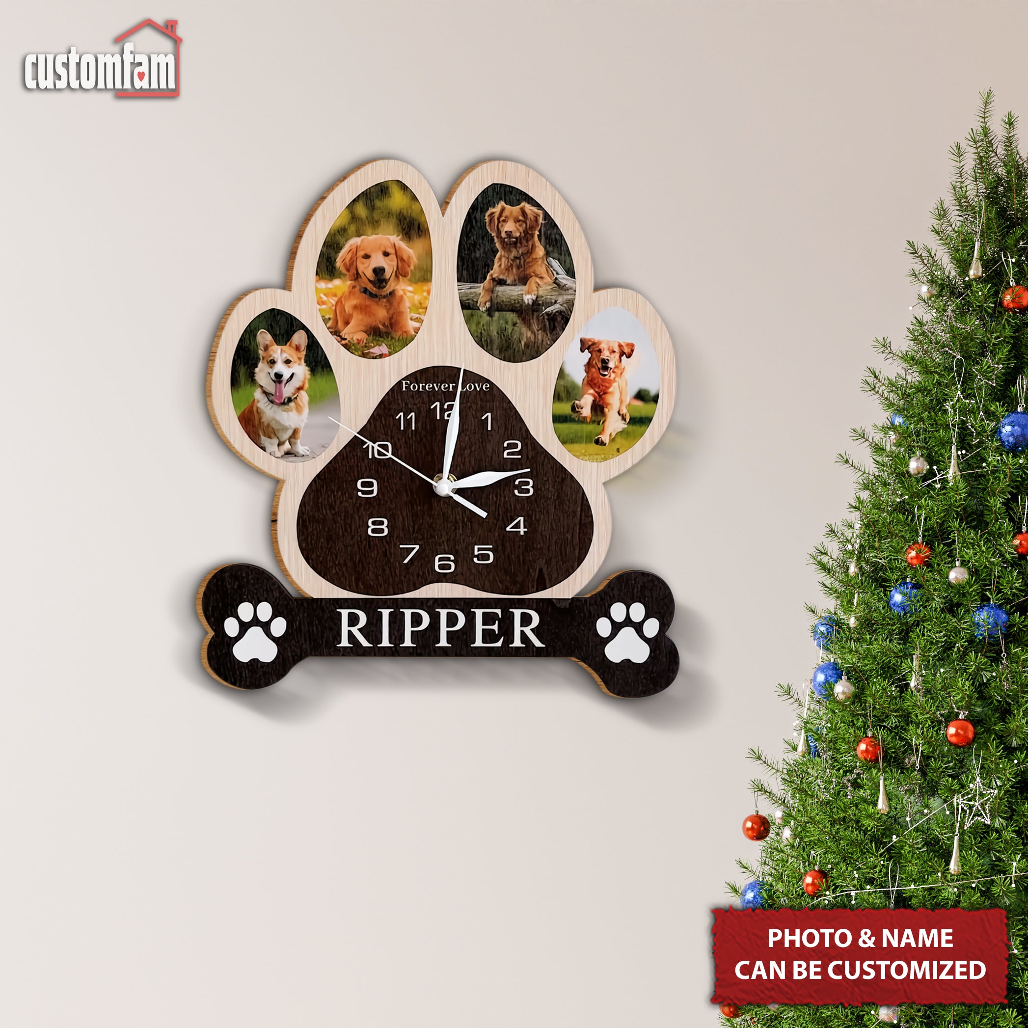 Personalized Pet Paw Print Photo Clock, Gift For Dog Lovers, Christmas Gift