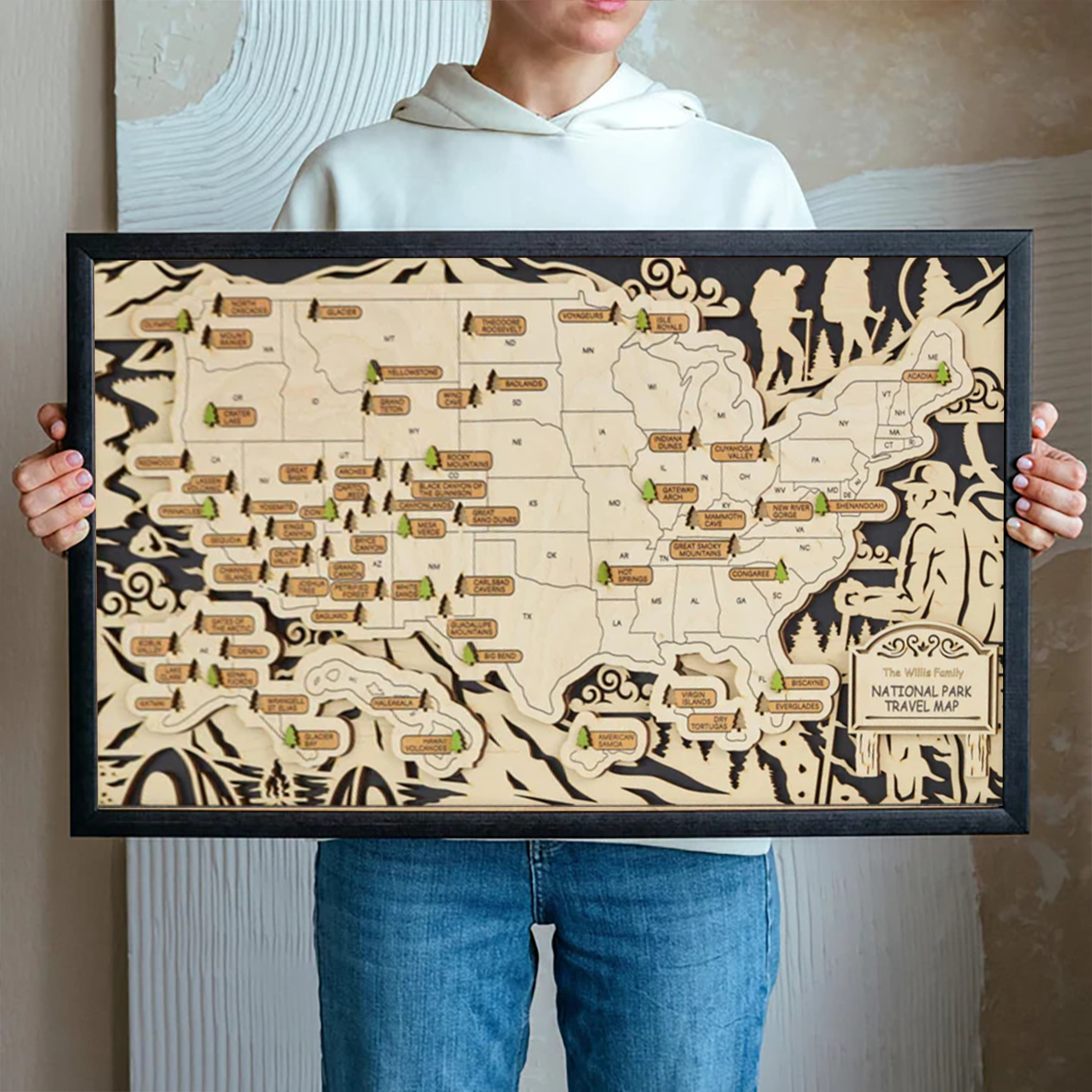 Personalized US 3D Wooden National Parks Travel Map With Trees To Record, Wooden Travel Map, National Park Tracker