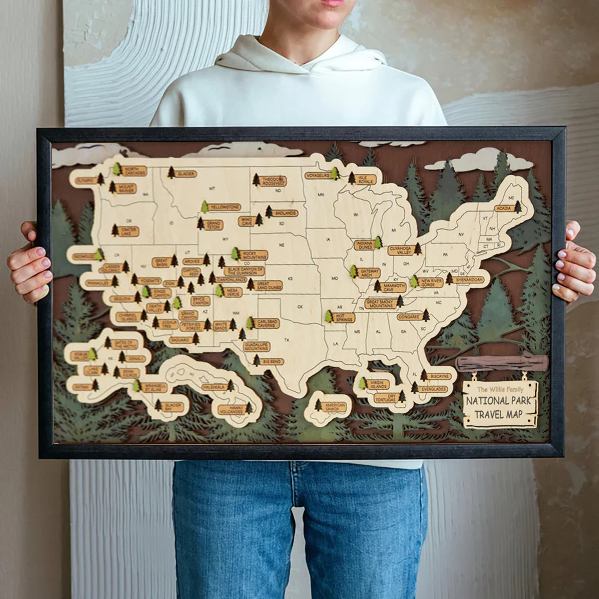 3D National Park Map In Usa, National Park Tracker, Wooden Travel Map, Gift For Travelers