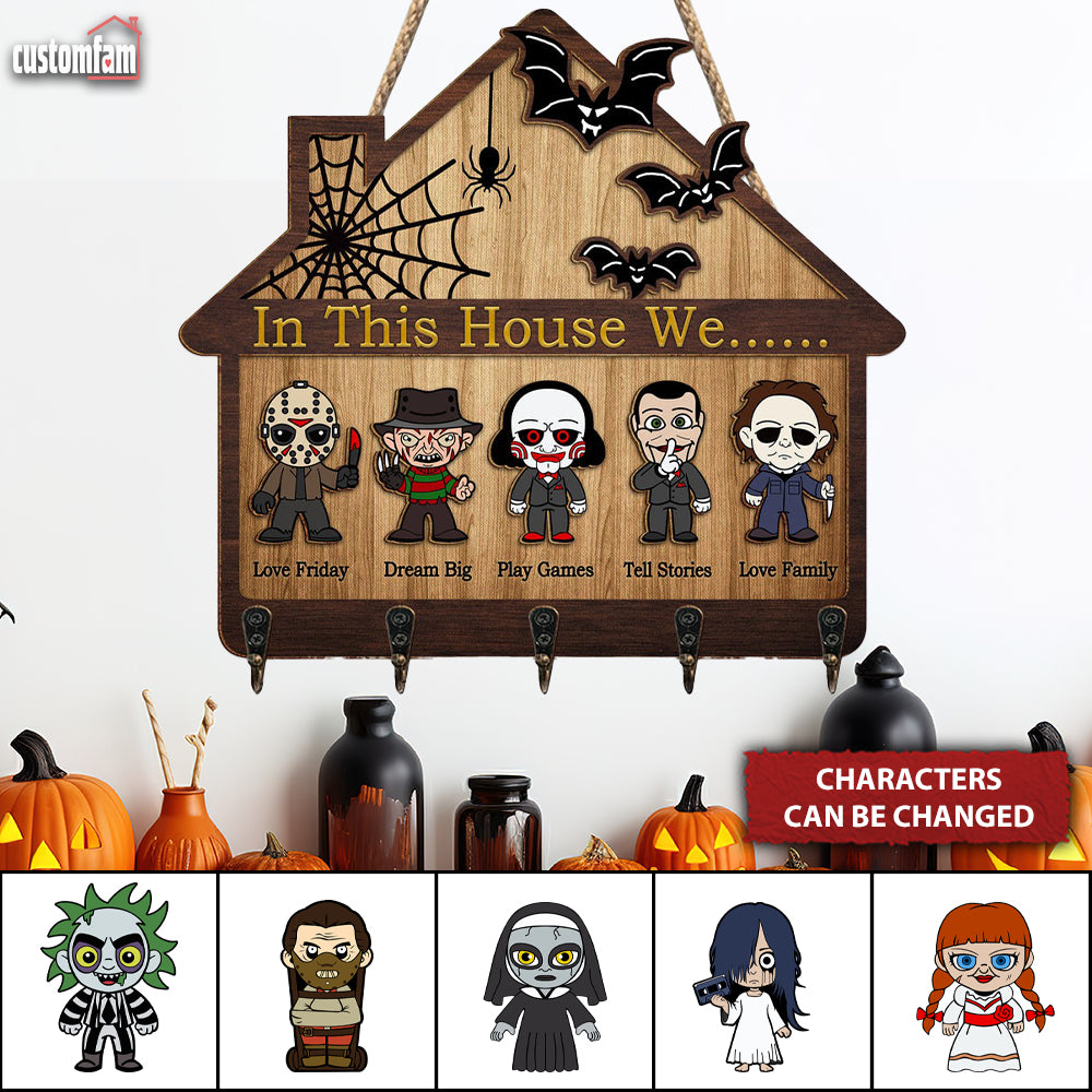 In This House We Horror Characters Personalized Wood Key Hanger, Scary Movies Fan Gifts, Halloween Decor