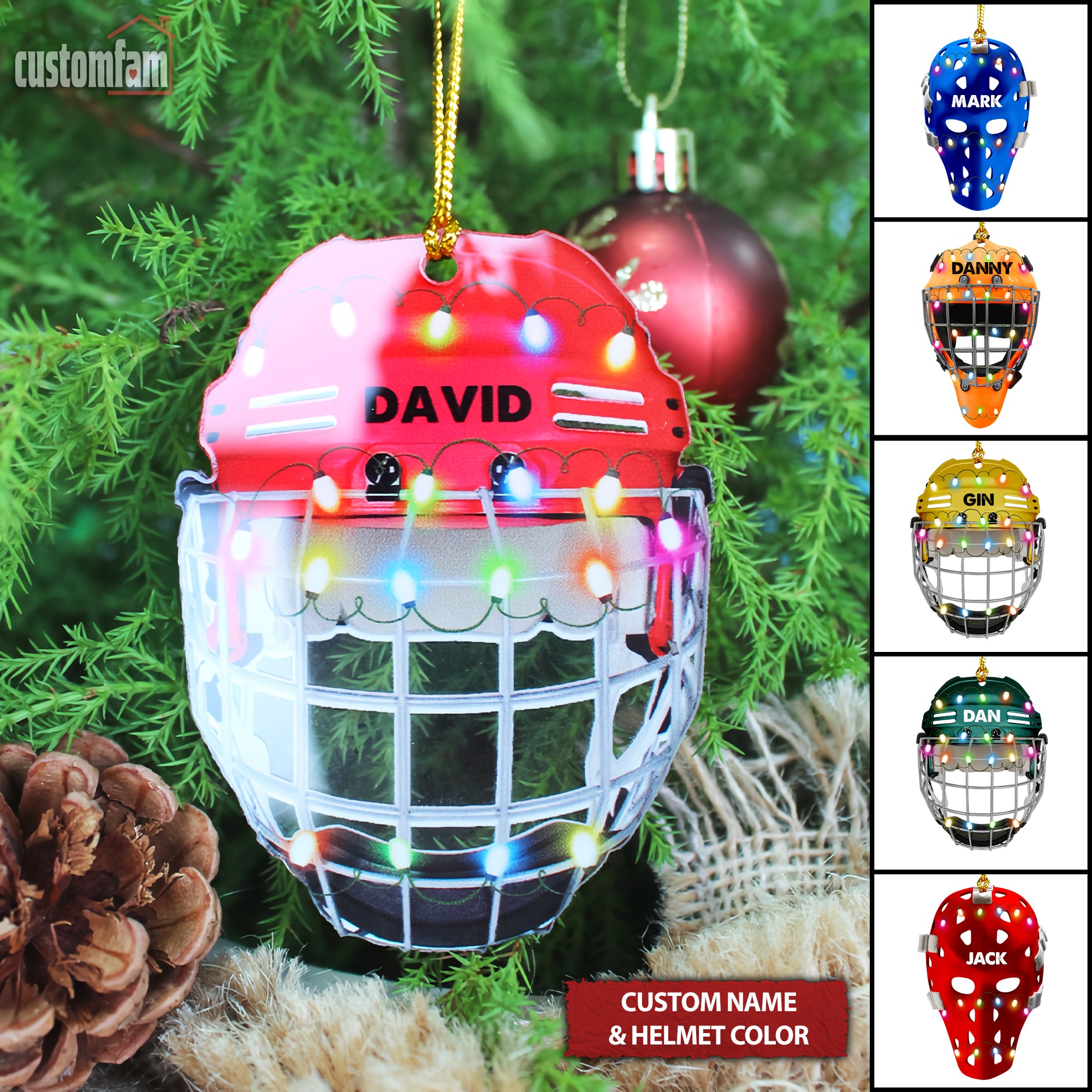 Ice Hockey Helmet With Cage Personalized Christmas Ornament, Gifts for Ice Hockey Lovers