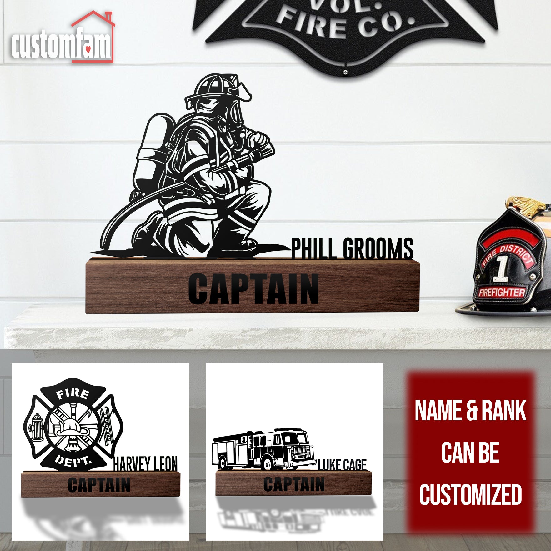 Personalized Firefighter Desk Name Plate Wedge, Fireman Nameplate Executive Office Sign Plaque Decor