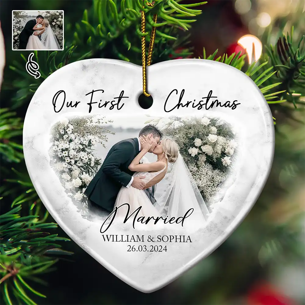 First Christmas As Mr & Mrs Couples Personalized Ceramic Ornament, Personalized Wedding Gifts, Heart Shaped Christmas Ornaments