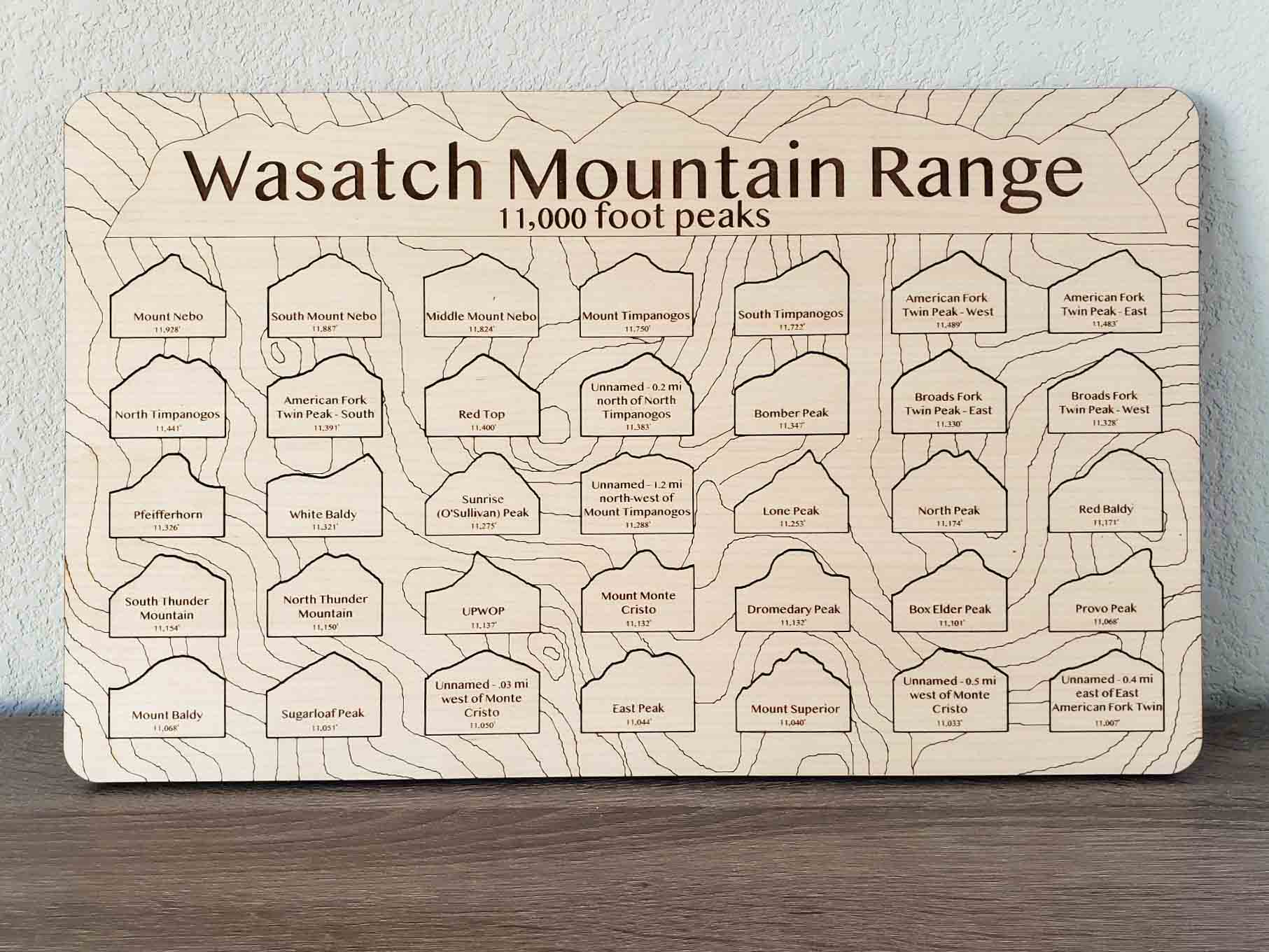 Wasatch Mountains Peak Tracker, Wooden Travel Map, Best Gifts For Hikers