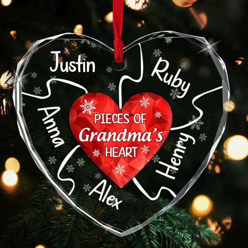 Pieces Of Grandma's Heart Glass Ornament, Personalized Gift For Family, Christmas Decor