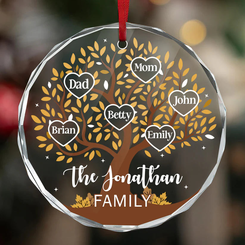 Custom Family Tree Name Christmas Glass Ornament, Personalized Gift For Family