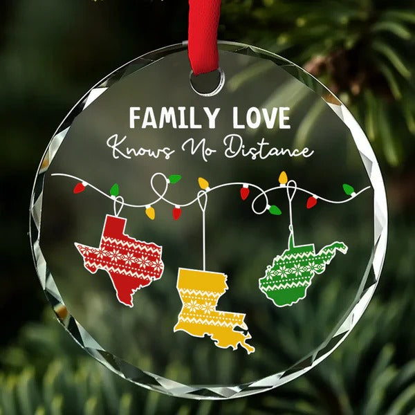 Family Love Knows No Distance Custom Glass Christmas Ornament, Family Gifts